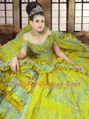 Off the Shoulder Light Yellow Lace Up Ball Gown Prom Dress Embroidery Sleeveless Floor Length
