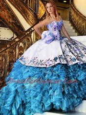 Baby Blue Organza Lace Up Ball Gown Prom Dress Sleeveless Floor Length Appliques and Embroidery and Ruffles