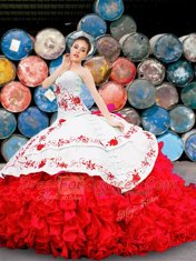 Deluxe Floor Length Lace Up Ball Gown Prom Dress White And Red for Sweet 16 and Quinceanera with Appliques and Embroidery and Ruffles