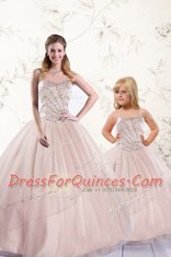 Modern Floor Length Baby Pink Quinceanera Gowns Tulle Sleeveless Beading