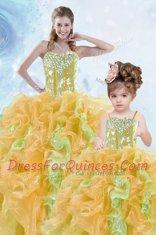 Sophisticated Sleeveless Floor Length Beading and Ruffles and Sequins Lace Up Sweet 16 Quinceanera Dress with Multi-color