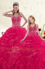 Sophisticated Hot Pink Vestidos de Quinceanera Military Ball and Sweet 16 and Quinceanera and For with Beading and Ruffles Sweetheart Sleeveless Lace Up