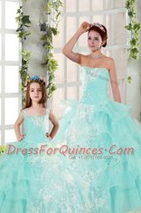 Customized Floor Length Lace Up Quince Ball Gowns Aqua Blue for Military Ball and Sweet 16 and Quinceanera with Beading and Ruffled Layers and Ruching
