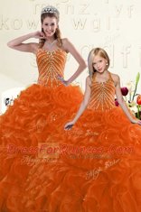 Sleeveless Floor Length Beading and Ruffles Lace Up Quinceanera Gowns with Orange