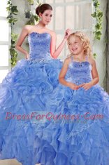 Blue Organza Lace Up Sweet 16 Dress Sleeveless Floor Length Beading and Ruffles