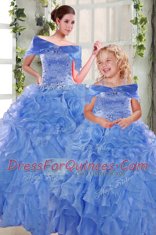 Blue Organza Lace Up Sweet 16 Dress Sleeveless Floor Length Beading and Ruffles
