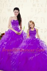 Inexpensive Eggplant Purple Ball Gowns Beading and Ruffles 15 Quinceanera Dress Lace Up Organza Sleeveless Floor Length