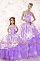 Simple Lavender Organza Lace Up Quince Ball Gowns Sleeveless Floor Length Embroidery and Ruffled Layers