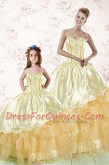 Gold Sleeveless Floor Length Embroidery and Ruffled Layers Lace Up Vestidos de Quinceanera