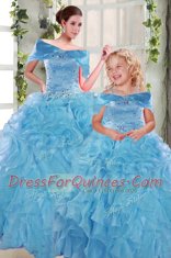 Low Price Aqua Blue Ball Gowns Sweetheart Sleeveless Organza Floor Length Lace Up Beading and Ruffles Sweet 16 Dresses
