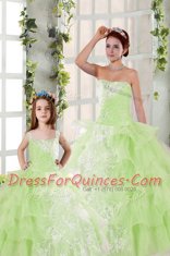 Yellow Green Ball Gowns Organza Strapless Sleeveless Beading and Ruffled Layers and Ruching Floor Length Lace Up 15 Quinceanera Dress