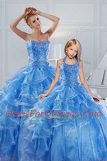 Deluxe Ruffled Ball Gowns Sweet 16 Dresses Baby Blue Sweetheart Organza Sleeveless Floor Length Lace Up