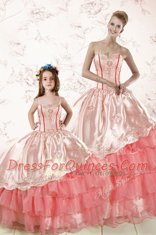 Hot Selling Watermelon Red Organza Lace Up Sweetheart Sleeveless Floor Length Quinceanera Gown Embroidery and Ruffled Layers