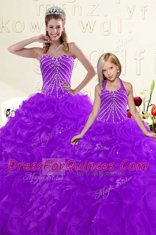 Stylish Sleeveless Organza Floor Length Lace Up Quince Ball Gowns in Purple with Beading and Ruffles