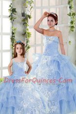 Blue Lace Up Strapless Embroidery and Ruffled Layers Quinceanera Gown Organza Sleeveless