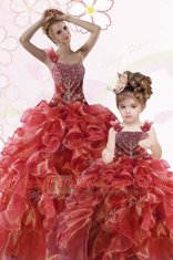 Affordable One Shoulder Beading and Ruffles Sweet 16 Quinceanera Dress Coral Red Lace Up Sleeveless Floor Length