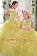 Wonderful Yellow Lace Up Strapless Beading and Ruffles Sweet 16 Dress Organza Sleeveless