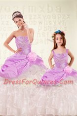 Popular Ruffled Floor Length Ball Gowns Sleeveless Lilac Quince Ball Gowns Lace Up