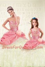 High Class Pink Sweetheart Lace Up Beading and Ruffled Layers and Hand Made Flower Vestidos de Quinceanera Sleeveless
