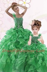 One Shoulder Green Sleeveless Organza Lace Up Quinceanera Dresses for Military Ball and Sweet 16 and Quinceanera