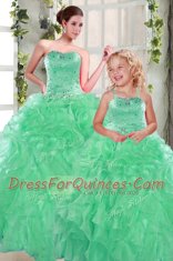 Chic Floor Length Lace Up 15 Quinceanera Dress Apple Green for Military Ball and Sweet 16 and Quinceanera with Beading and Ruffles