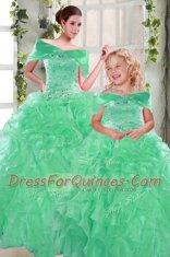 Chic Floor Length Lace Up 15 Quinceanera Dress Apple Green for Military Ball and Sweet 16 and Quinceanera with Beading and Ruffles