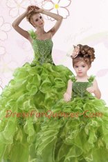 Noble Green Ball Gowns One Shoulder Sleeveless Organza Floor Length Lace Up Beading and Ruffles 15th Birthday Dress