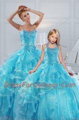 Discount Aqua Blue Organza Lace Up Sweet 16 Quinceanera Dress Sleeveless Floor Length Beading and Ruffled Layers