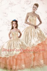 Glorious Peach Lace Up 15th Birthday Dress Embroidery and Ruffled Layers Sleeveless Floor Length