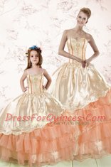 Glorious Peach Lace Up 15th Birthday Dress Embroidery and Ruffled Layers Sleeveless Floor Length