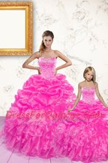 Affordable Hot Pink Sleeveless Floor Length Beading and Ruffles and Pick Ups Lace Up Quinceanera Gowns