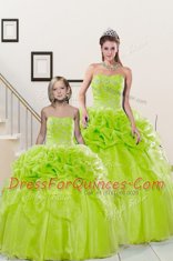 Sleeveless Floor Length Beading and Pick Ups Lace Up 15th Birthday Dress with Yellow Green