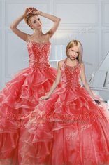 Smart Ruffled Floor Length Ball Gowns Sleeveless Coral Red Quinceanera Gown Lace Up