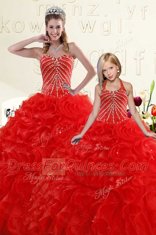 Modest Red Ball Gowns Organza Sweetheart Sleeveless Beading and Ruffles Floor Length Lace Up Sweet 16 Dress