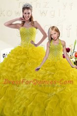 Smart Floor Length Lace Up 15 Quinceanera Dress Gold for Military Ball and Quinceanera with Beading and Ruffles