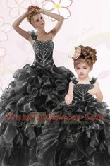 Sumptuous One Shoulder Black Sleeveless Beading and Ruffles Floor Length Quinceanera Dresses