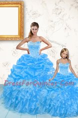 Free and Easy Baby Blue Ball Gowns Sweetheart Sleeveless Organza Floor Length Lace Up Beading and Ruffles and Pick Ups Sweet 16 Quinceanera Dress