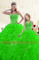 Attractive Sweetheart Sleeveless Quinceanera Gowns Floor Length Beading and Ruffles Green Organza