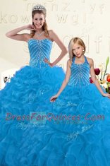 Cheap Blue Sweetheart Lace Up Beading and Ruffles Sweet 16 Quinceanera Dress Sleeveless