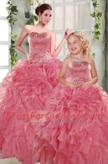 Smart Rose Pink Ball Gowns Strapless Sleeveless Organza Floor Length Lace Up Beading and Ruffles Vestidos de Quinceanera