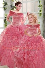 Smart Rose Pink Ball Gowns Strapless Sleeveless Organza Floor Length Lace Up Beading and Ruffles Vestidos de Quinceanera