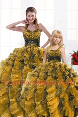 Shining Sleeveless Organza Floor Length Lace Up Quinceanera Dress in Gold with Beading and Appliques and Ruffles
