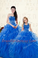 Dynamic Royal Blue Ball Gowns Sweetheart Sleeveless Organza Floor Length Lace Up Beading and Ruffles Quinceanera Gowns