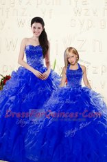 Glamorous Royal Blue Lace Up Quinceanera Gowns Beading and Ruffles Sleeveless Floor Length