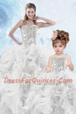 Custom Made Sweetheart Sleeveless 15th Birthday Dress Floor Length Beading and Ruffles and Sequins Silver Organza