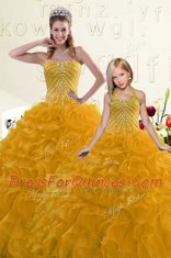 Gold Sweetheart Lace Up Beading and Ruffles Sweet 16 Dresses Sleeveless