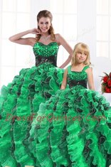 Customized Green Ball Gowns Sweetheart Sleeveless Organza Floor Length Lace Up Beading and Appliques and Ruffles Quinceanera Gowns