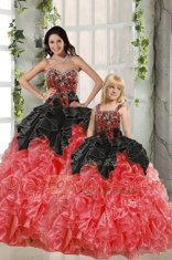 Graceful Beading and Ruffles Quinceanera Dresses Red And Black Lace Up Sleeveless Floor Length