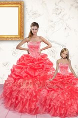 Organza Sweetheart Sleeveless Lace Up Beading and Ruffles and Pick Ups Quinceanera Gown in Coral Red