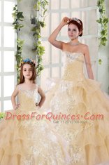 Champagne Lace Up Ball Gown Prom Dress Beading and Ruffled Layers and Ruching Sleeveless Floor Length